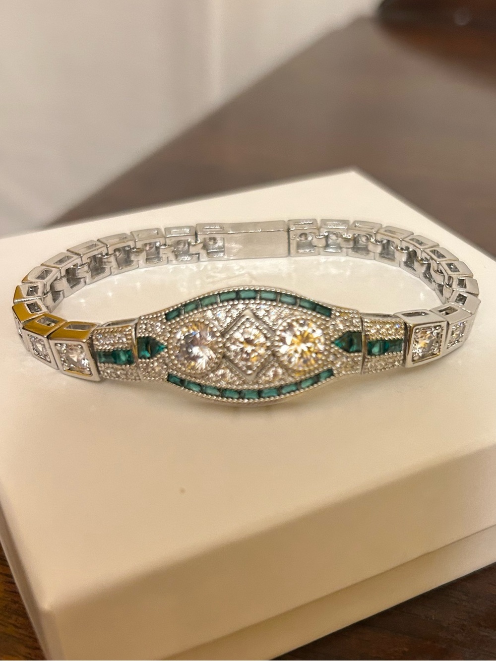 Silver-Tone Emerald Green & Clear Crystal Art Deco Inspired Bracelet No Mark NWT